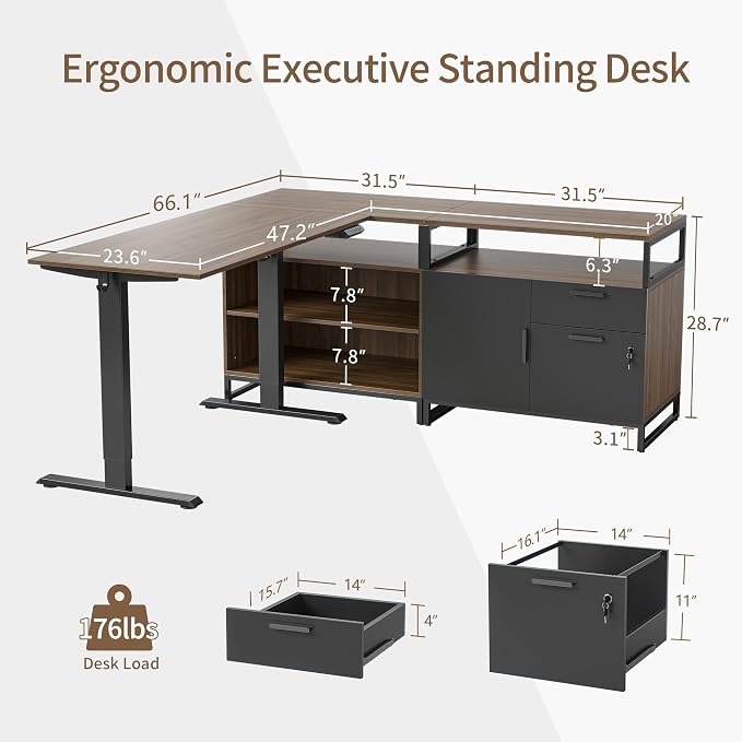 BANTI 66 Inches L Shaped Standing Desk with Drawers & Shelves, Executive Desk Adjustable Height Desk, Desk with Storage, Black Walnut Top/Black Frame