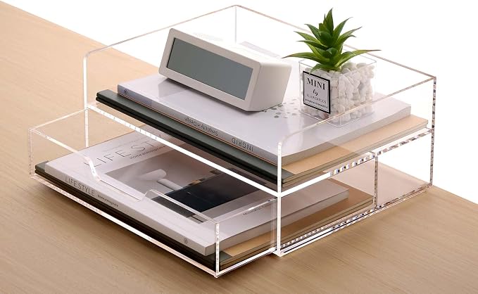 SANRUI 2-Tier File Organizer with 1Drawer, Acrylic Stackable Letter Tray | Desk Drawer Organizer with Paper Tray, Versatile Clear Acrylic Organization for Office Supplies, Home & School Organization
