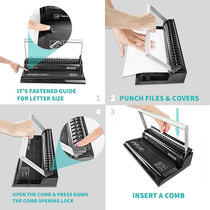 Binditek Binding Machine, 19Hole, 145 Sheets, for Letter Size, Fixed Margin | Comb Binding Machine, Punch 6-8 Sheet, 145 Sheets, Comb Binder Machines with 30 Pcs 1/2" Binding Combs, for Letter Size