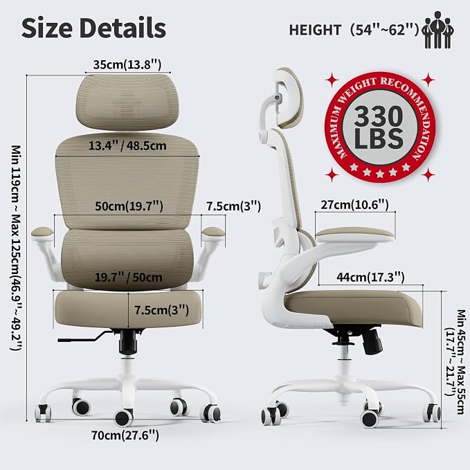 TRALT Office Chair Ergonomic Desk Chair - Gaming Chair with Lumbar Support | 330 LBS Home Office Desk Chairs with Headrest, Reading Chair with Flip-up Armrests, Comfortable Computer Chairs (1, Khaki)