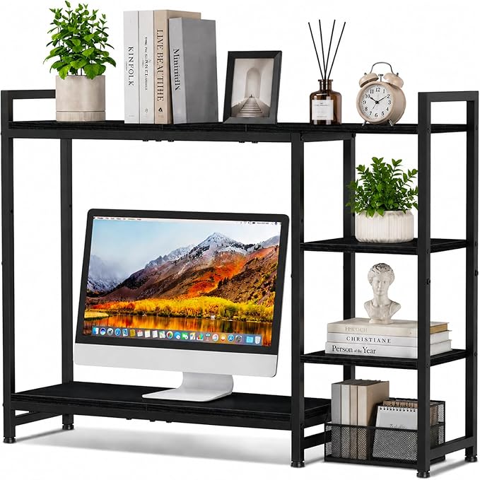 Snughome Adjustable Desk Shelf with Monitor Stand, 38.6" Desktop Organizer Hutch, Height Adjustable Computer Monitor Riser & 4 Tier Storage Bookshelf for Home Office Dorm, Black