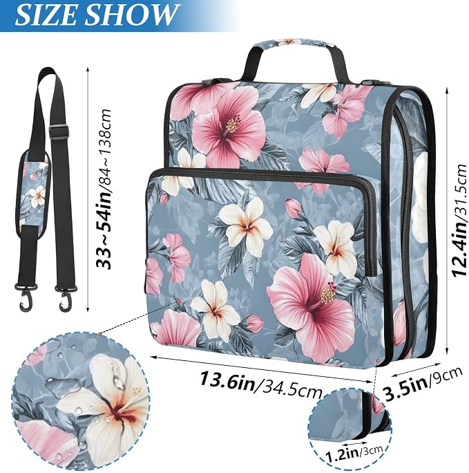 3 Ring Zipper Binder with Shoulder Strap Pink Hibiscus Flower 2 Inch Zippered Binder Bag 500 Sheet Capacity Multi Pockets for School Supplies