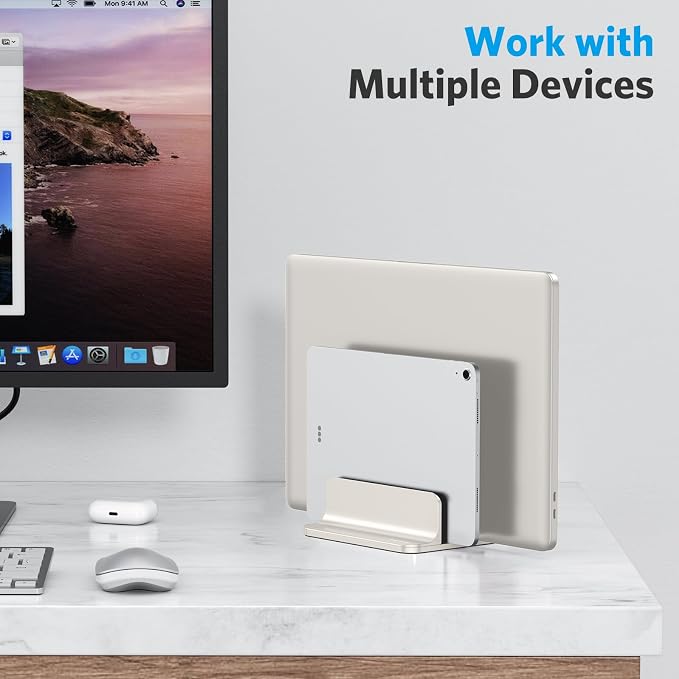 OMOTON Dual Vertical Desk Laptop Stand Holder, Fits MacBook Air, Starlight | Aluminum Laptop Storage Rack for Desk, Adjustable Dock for Up to 17.3 in. Gaming Laptop, Space-Saving Desk Organizer