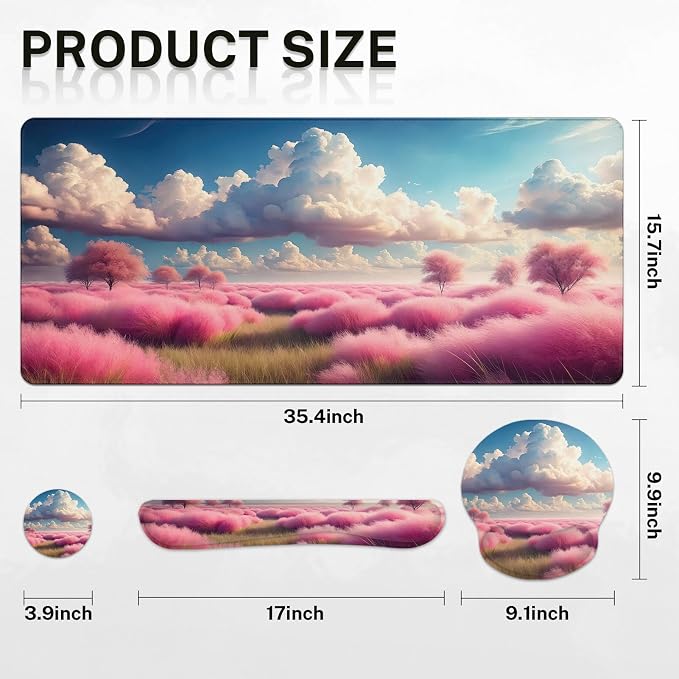 Keyboard Mouse Pad Set, 4 in 1 Desk Mat Set, Pink Clouds | Plants Dreamy Large Mousepad+Keyboard Wrist Rest+Mouse Wrist Rest+Coaster Ergonomic Design for Home Office Computer