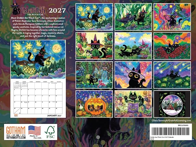 Delilah the Witch Cat Calendar 2027 Monthly Wall Calender 12 Month | American Made In The USA
