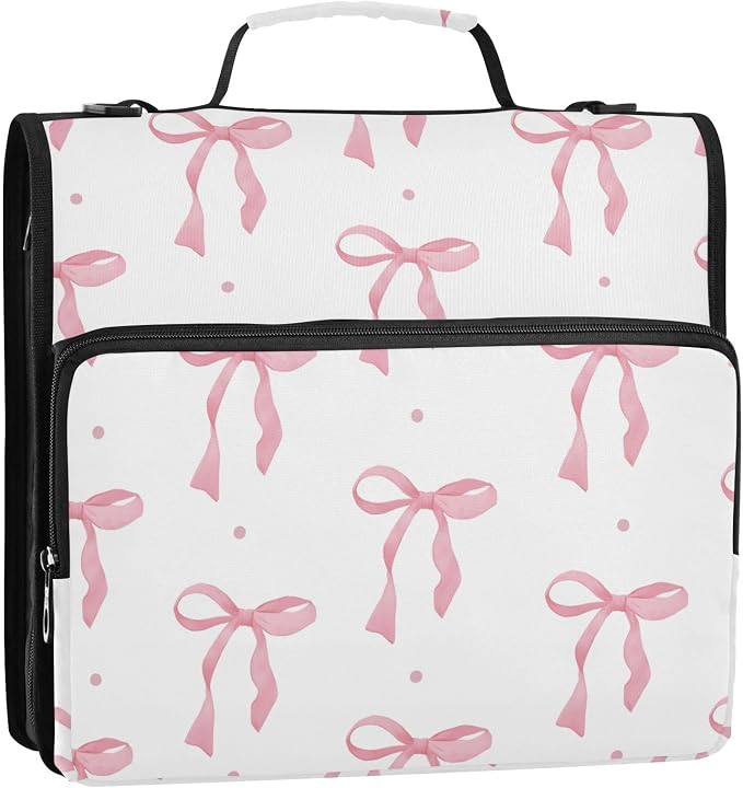 Pink Bow 3 Ring Binder Bag 1.5 inch Binder Organizer with Zipper Shoulder Strap 500 Sheet Documents Storage for School Office