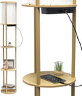 Simple Designs LF2010-TAN 62.5" Round Modern Shelf Etagere Organizer Storage Floor Lamp with 2 USB Charging Ports, 1 Charging Outlet and Linen Shade for Living Room Bedroom Office, Tan