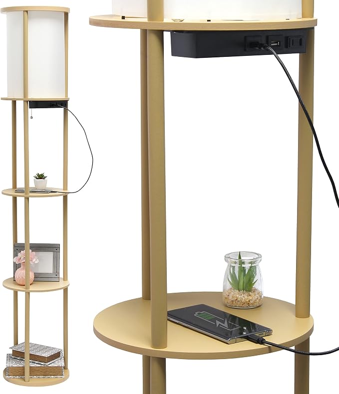 Simple Designs LF2010-TAN 62.5" Round Modern Shelf Etagere Organizer Storage Floor Lamp with 2 USB Charging Ports, 1 Charging Outlet and Linen Shade for Living Room Bedroom Office, Tan