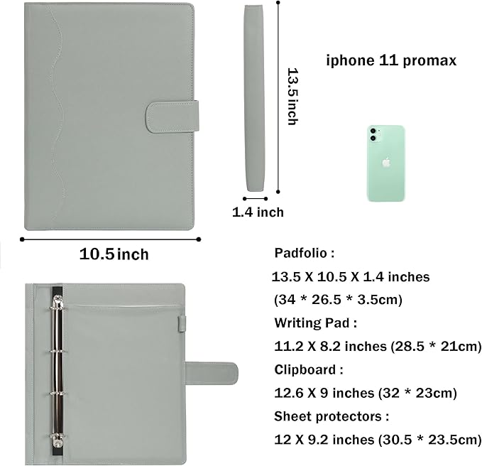 Wonderpool A4 PU Leather 3 & 4 Ring Holder Writing Portfolio Multi Document Case with Removable Binder Clipboard and Functional Pocket for Organizer Office Travel School (Green)