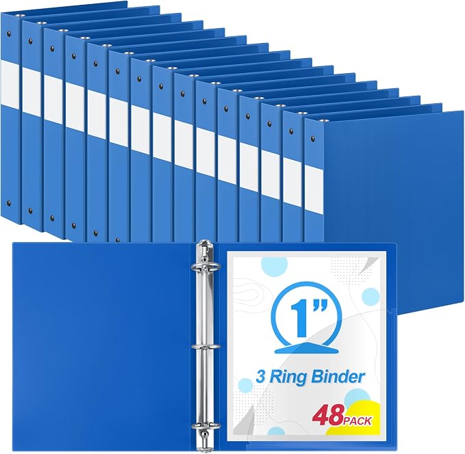Henoyso 48 Pack 1 Inch 3 Ring Plastic Binders, Bulk Flexible PP Binders for Classroom & School Supplies, Letter Size 8.5 x 11, Holds 240 Sheets with Interior Pocket (Blue)