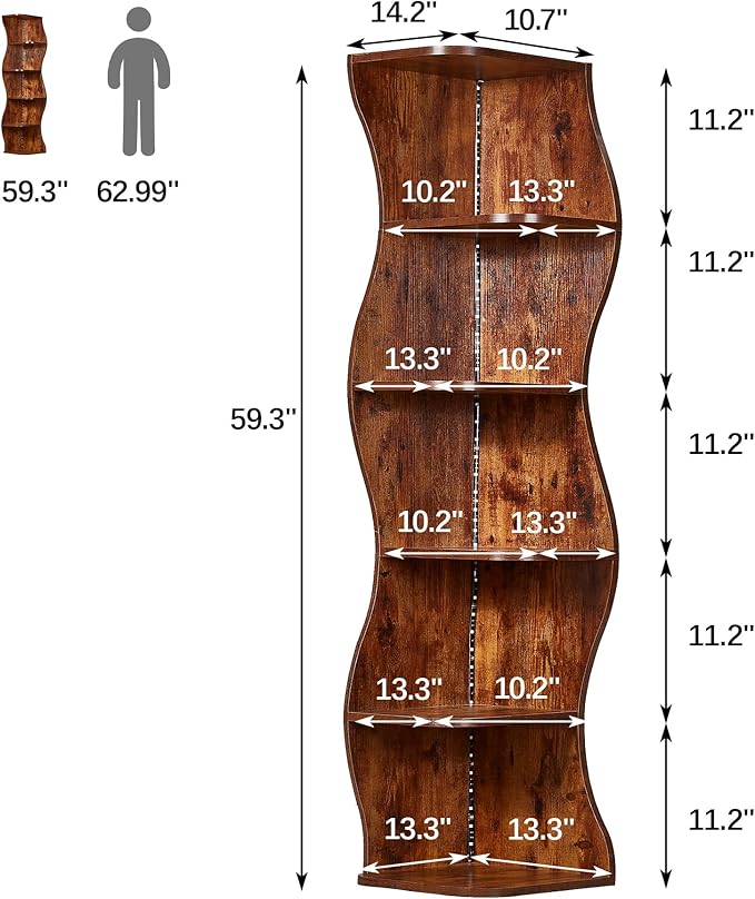 VECELO 6-Tier Wave Corner Bookcase with LED Lights, 90° Right-Angle Tall Narrow Bookshelf, Wooden Corner Display Stand Storage Shelf for Small Spaces, Living Room, Bedroom, Home Office (Brown)