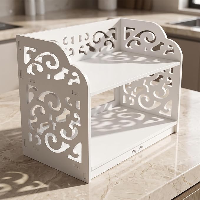 MyGift 2 Tier White Desktop Bookshelf Organizer with Scrollwork Design | Compact two-tier shelf adds stylish storage for books, décor, and office essentials on desks, counters, or living spaces