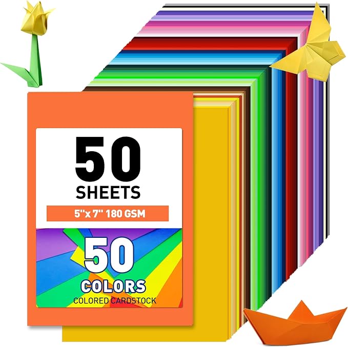 MAXECHO 5" x 7" Colored Cardstock, 50 Assorted Sheets in 50 Colors, 180 GSM (65 lb) Bulk Construction Paper, Printer Friendly Card Stock for Printing & Making, DIY Crafts, Cricut, School Supplies
