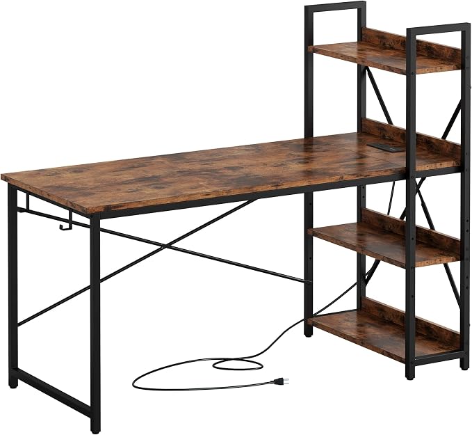 IRONCK Computer Desk 55" with Power Outlet and Storage Shelves,Rustic Brown | Study Writing Table with USB Ports Charging Station, PC Desk Workstation for Home Office
