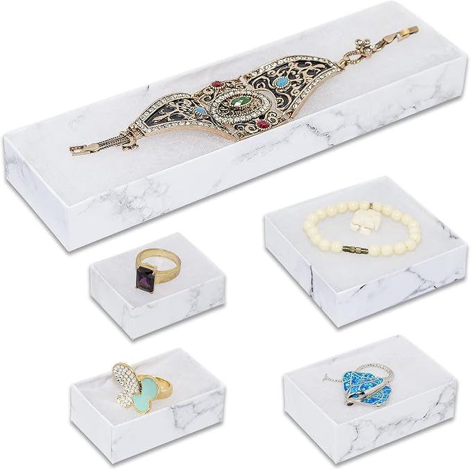 TheDisplayGuys 25 Cardboard Jewelry Gift Boxes with Inserts - Marble White | Size #99 - 5 Sizes Assortment, Lids, Cotton Filled Padding, Kraft Paper, Bulk Pack Case, for Shipping, Organizers, Storage