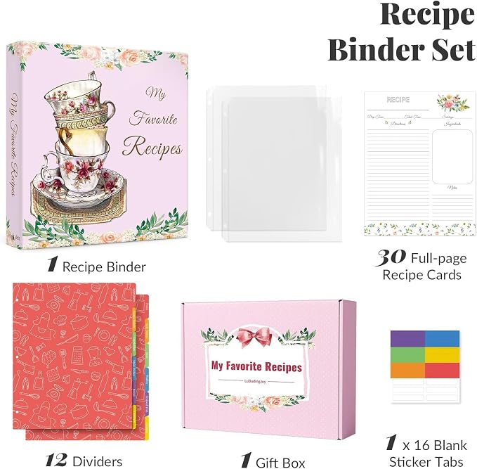 Recipe Binder 8.5x11 3 Ring with Plastic Sleeves, Blank Recipe Book Binder | Waterproof recipe binder 8.5x11 with plastic sleeves, recipe cards and gift box to make your own cookbook(Retro Cups).