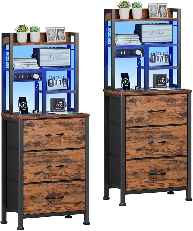 Night Stand Set 2, 45.3" Tall Bedside End Table, Rustic Brown | RGB LED Lights, 4-Tier Storage Shelves & 3 Fabric Drawers, Metal Frame, Wood Desktop, Easy Assembly for Bedroom Dorm Hallway