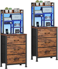 Night Stand Set 2, 45.3" Tall Bedside End Table, Rustic Brown | RGB LED Lights, 4-Tier Storage Shelves & 3 Fabric Drawers, Metal Frame, Wood Desktop, Easy Assembly for Bedroom Dorm Hallway
