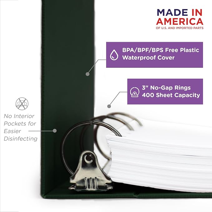 Carstens 3-Inch Heavy Duty 3-Ring Binder - Side Opening, Forest Green, Durable Plastic, Precision No-Gap Rings, Waterproof Cover, No Pockets, Holds 400 US Letter Sheets, BPA-Free Made in USA (1738-3R)