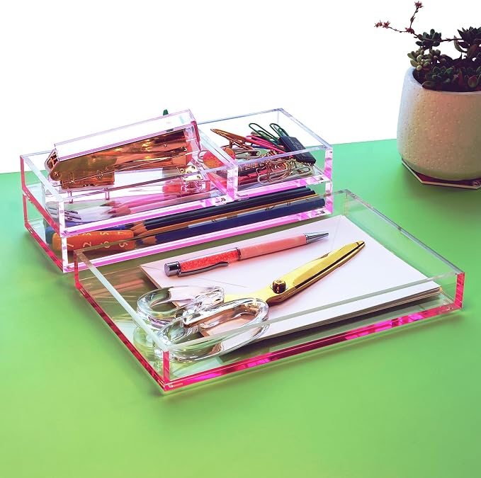 4-Piece Stackable Pink Acrylic Desk Organizer for Office or Home Desk Drawer Dividers, Makeup Vanity Storage Bins, Accessory Acrylic Tray/Half Accessory Tray/Small Tray
