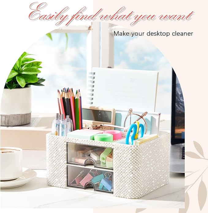 MotiMind White Bling Desk Organizer with 2 Drawer, Sparkly Makeup Organizer for Vanity, Girly Desk Accessories, Rhinestone Pen Holder, Elevate Your Workspace with White Serenity (Pearl)