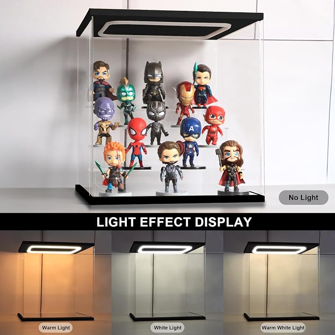Clear Acrylic Display Case with Light 6 Tier Display Storage Box Assembly Dustproof Showcase for Collectibles Action Figures(Black, 19.1*12.0*15.7inch)