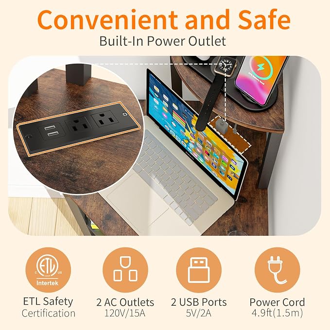 4-Tier Corner Printer Stand with Power Outlet and LED Lights, Rustic Brown | 4 Tier Storage, Corner Space Saving Design, Fits Laser Printer, Scanner and Office Supplies, Home Office Organization
