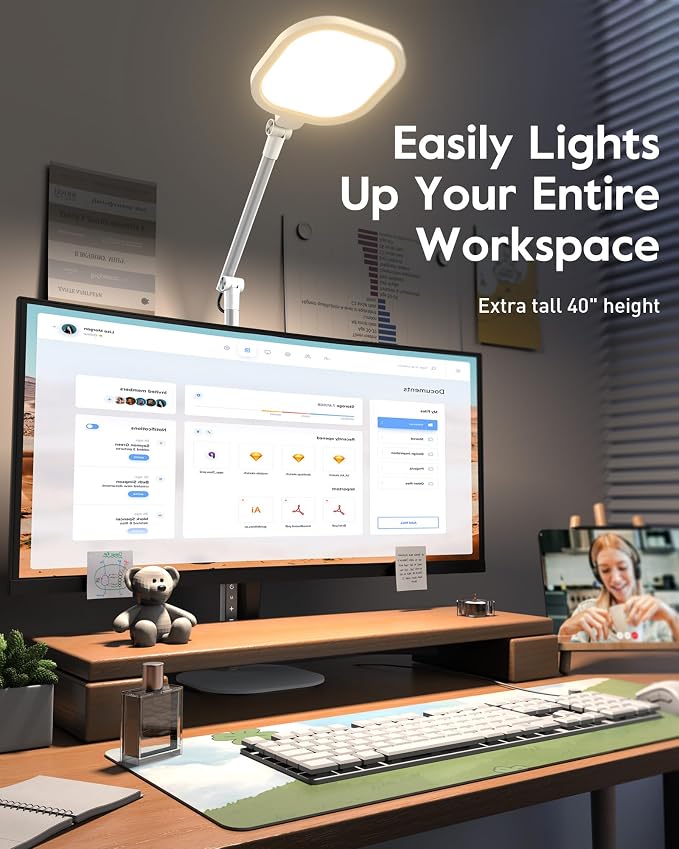Tall LED Desk Lamps with Base, Edge-Lit Eye-Care, 50 Light Modes | 40" Height, Dimmable & Flexible, CRI>97.8, Memory and Timer Func, Stable Metal Base for Home Office, Video Calls & Drafting