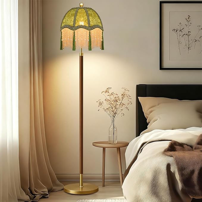 Wood Floor Lamps for Living Room Vintage Floor Lamp with Remote Control & 3 Color Temperature,Dimmable Floor Lamp Mid Century Modern Standing Lamp Green Fringe Tall Floor Lamp for Bedroom Corner