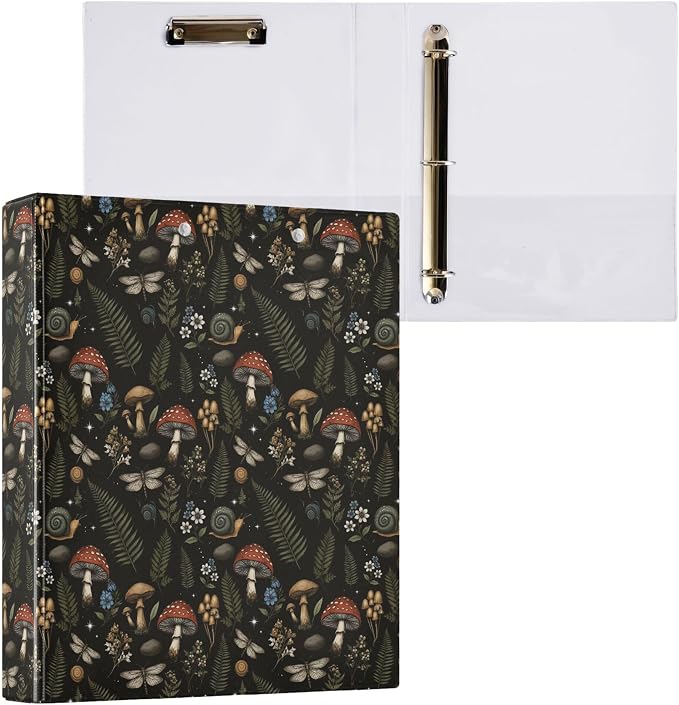Mushroom Round Ring Binders 1.5 Inch Leaves Flower Berry Daisy 3 Ring Clipboard Binder for Office School Work Supplies File Folder Document 200 Sheet Capacity Easy Open 2 Pieces