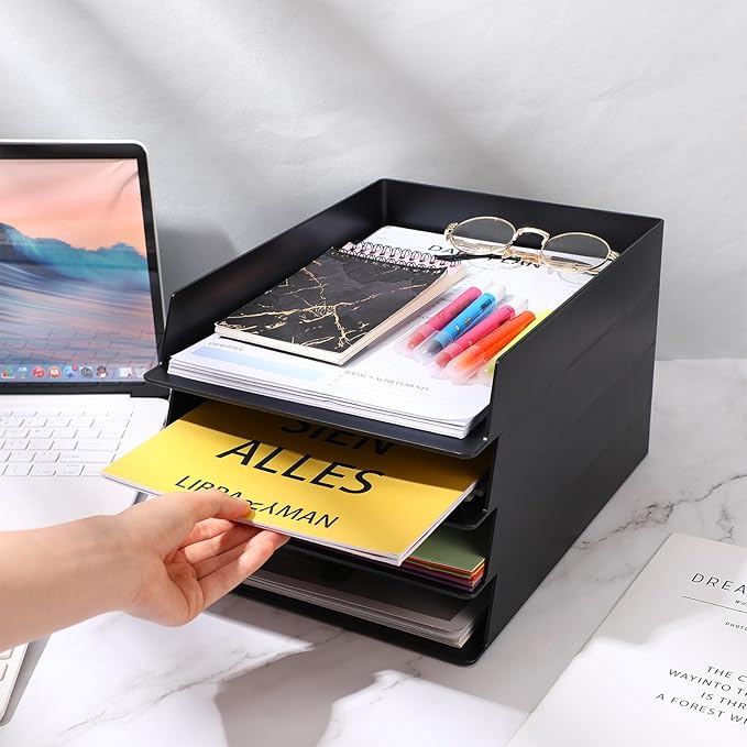 8 Pcs Stackable Paper Trays Rectangular Plastic Desk Holder Desktop Document File Organizer Storage Letter for Office Classroom (Black)