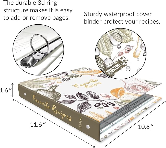 Recipe Binder with Plastic Sleeves, 8.5x11 3 Ring Blank Recipe Book Binder | Premium recipe binder kit with waterproof cover, sleeves, cards, dividers and gift box for preserving recipes-Color Veggies.