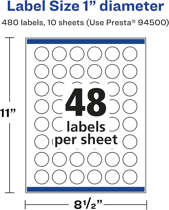 Avery® Glossy Clear Round Labels, Sure Feed® Technology, 1" Diameter, 480 Glossy Clear Labels, Print-to-The-Edge, Laser/Inkjet Printable