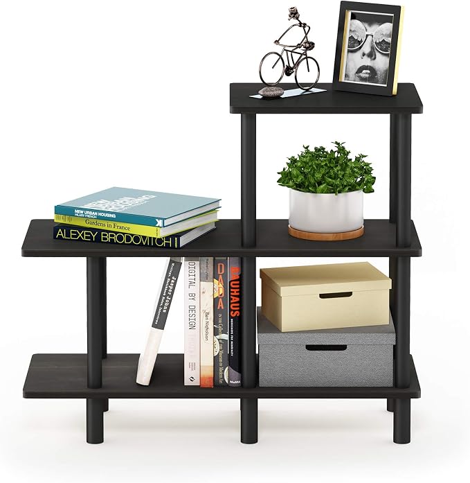 Furinno Turn-N-Tube 3-Tier Cube Ladder Shelf, Espresso/Black | Book Shelf, Accent Display Shelf, Open Shelves, Round Tubes, for Organization and Storage, Living Room, Garage, Home Office