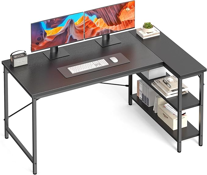 DUMOS 47" L Shaped Computer Desk, Gaming Corner Desks with Storage Shelves | Home Office Working Desk, Writing Study PC Desk with Reversible Layout, Bedroom Dorm, Black