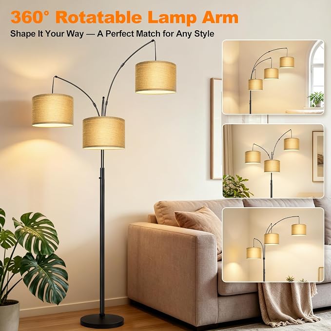 Nintiue Dimmable Floor Lamp - 3 Lights Gold Arc Floor Lamps for Living Room, 1000LM Modern Tall Standing Lamp with Black Shades&Heavy Base,3 LED Bulbs Included-Champagne