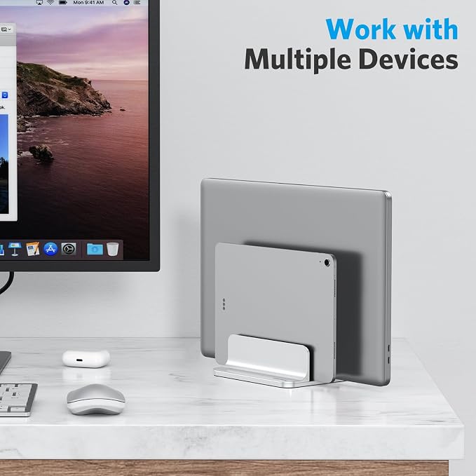 OMOTON Dual Vertical Desk Laptop Stand Holder, Fits MacBook Air/Pro, Silver | Aluminum Laptop Storage Rack for Desk, Adjustable Dock for Up to 17.3 in. Gaming Laptop, Space-Saving Desk Organizer