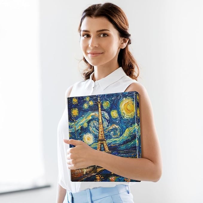 JIPONI 3 Ring Binder Paris Skyline by Van Gogh 1 Inch Round Binders for Men Women Students, Cute File Organizer for Office Home School
