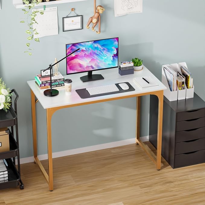 PayLessHere | 39 Inch Computer Desk | White Gold | Sturdy Office Desk | Metal Frame, Adjustable Feet | Water-Resistant, Scratchproof Surface | Writing Table for Home Office or Study | Pack of 1