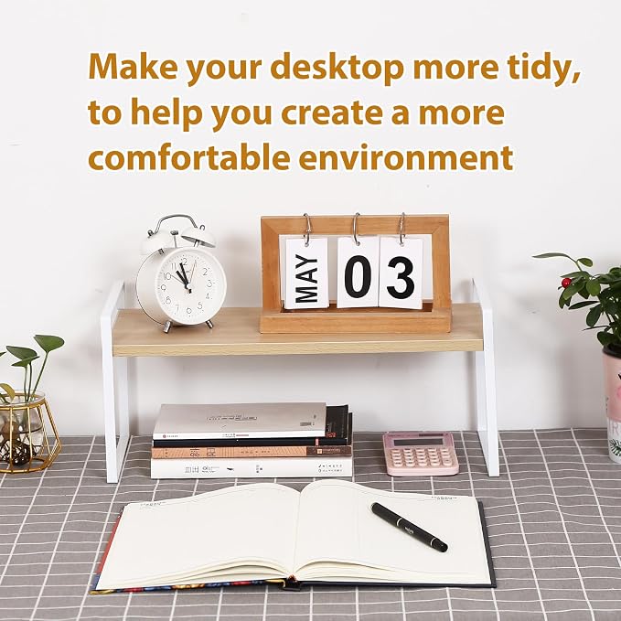 YGYQZ Desk Shelf Organizer for Top of Desk, 1-Tier Desktop Bookshelf, White & Wood