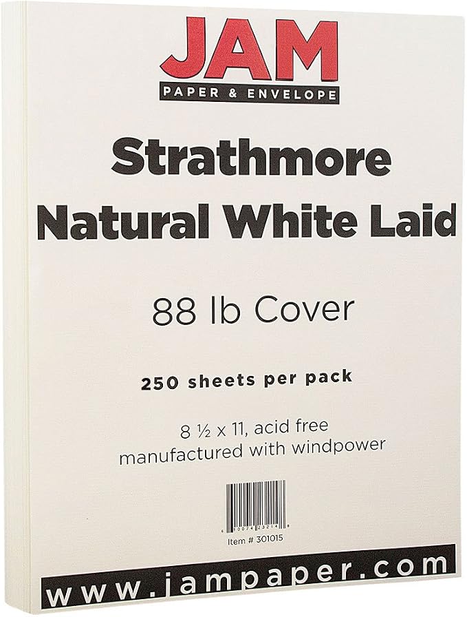JAM PAPER Strathmore 88lb Cardstock - 8.5 x 11 Coverstock - 237 gsm - Natural White Laid - 25% cotton - 250 Sheets/Ream