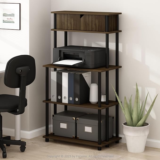 Furinno Turn-N-Tube Toolless Multipurpose Printer Stand Display Storage Shelf with Top Cabinet, Columbia Walnut/Black