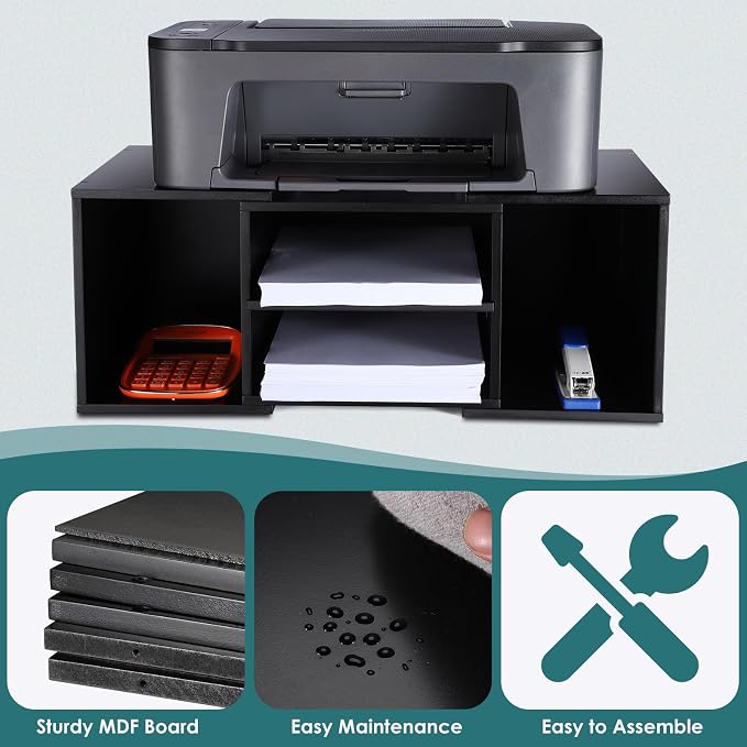 EMERIT Large Printer Stand, Adjustable Printer Table with Storage, 2-Tier Printer Riser Desktop Paper Organizer Shelf for Home Office, 23'' x 12.3'' x 8.7'' (Black)