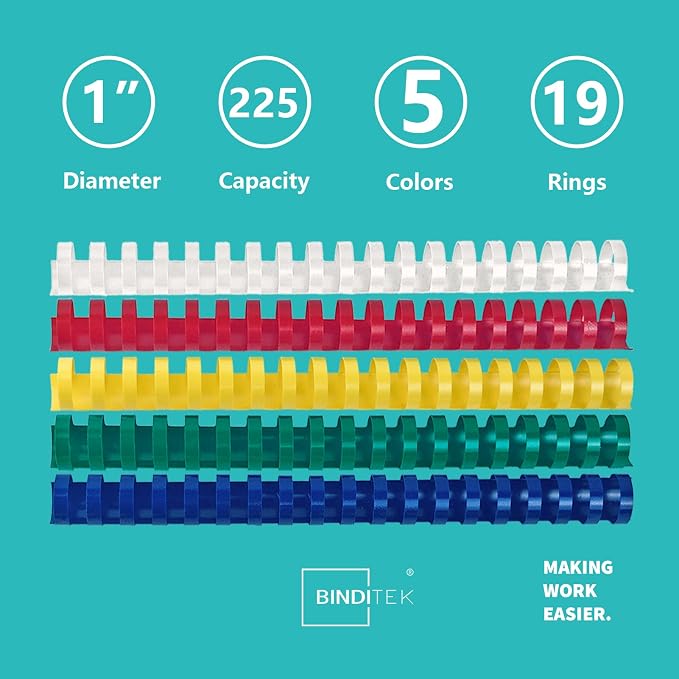 Binditek Plastic Binding Combs, 1 Inch, 19 Ring, Multi Color, 20 Pack | Plastic Binding Combs, 1 Inch Diameter, 225 Sheet Capacity, for Letter Size, Multi Color (White, Yellow, Red, Green, Blue)