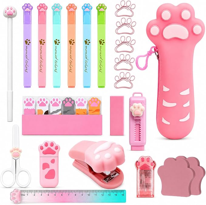 24Pcs Cute Stationery Set W Paper Clips Stapler Scissors Sticky Notes Eraser Ruler Sharpener Pencil Case Highlighter Correction Tape Desk Accessories for School Office Supplies