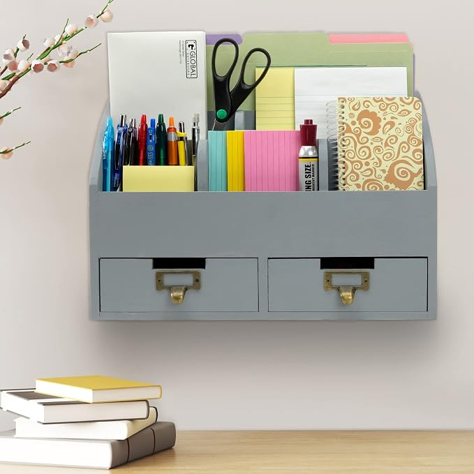 Wood Desk Organizer, 6 Compartments 2 Drawer Supplies Rack - Solid Gray