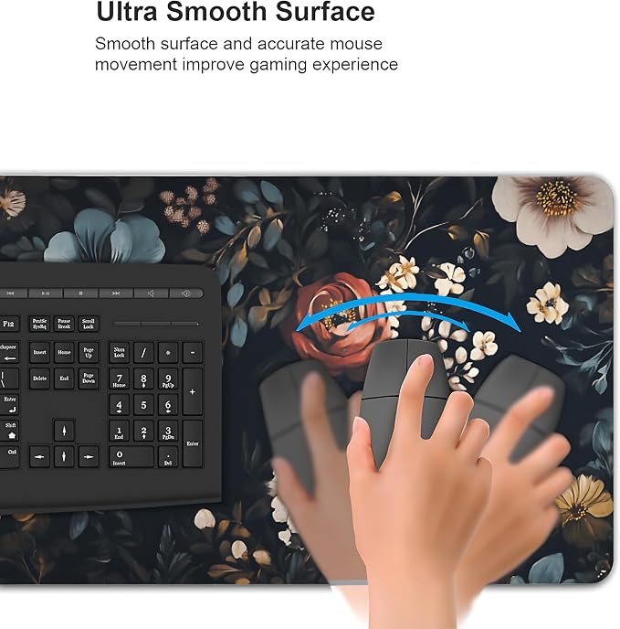 Floral Aesthetic Rose Gaming Mouse Pad, Black Dark Botanical Desk Mat with Anti-Slip Base & Stitched Edges,35.4" x 15.7" in Desk Accessories for Women, Home Office Decor & Artistic Gift