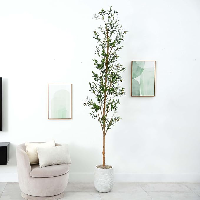 Nearly Natural 9 ft Artificial Olive Tree with Natural Trunk Floor Plant | Lifelike Fruits and Minimalist Leaves, Non-Decorative Nursery Planter, Elegant Statement Piece for Foyer or Office Decor