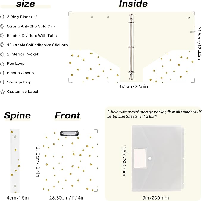 3 Ring Binder 1 inch with Clipboard - White with Gold Dots & Stars Design, Includes Dividers, File Bag & Spine Label - Glamorous and Functional for Any Setting, Holographic Waterproof Film