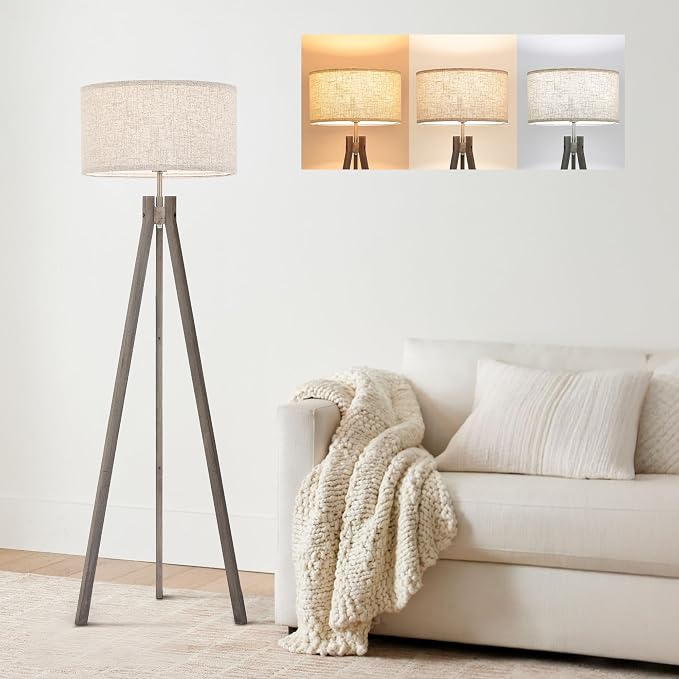 ELYONA Farmhouse Wood Tripod Floor Lamp, Modern Reading Standing Lamp with 3 Color Temperatures LED Blub & Nature Linen Shade, Night Light for Living Room, Bedroom, Study Room, Office, Grey